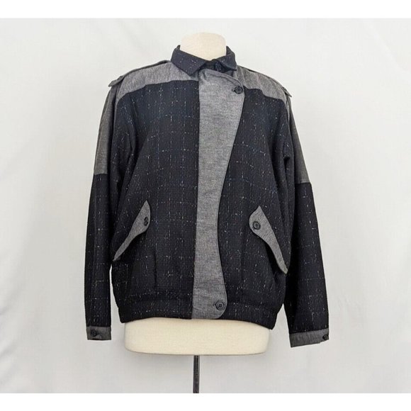Vintage 80s Jacket Sally Von Werlhof Black Gray Wool Blend Floral Tweed Size M - Picture 1 of 10